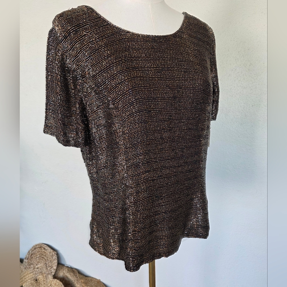 VTG Oleg Cassini Beaded Bronze Silk Top NWT Size M L
